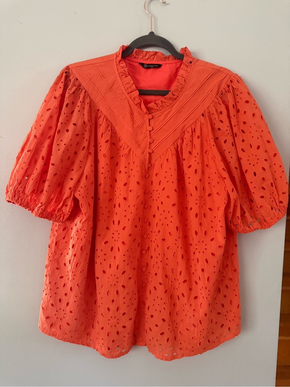 PrettyGarden Coral Orange Cotton Broderie Anglaise Eyelet Puff Sleeve Blouse XXL